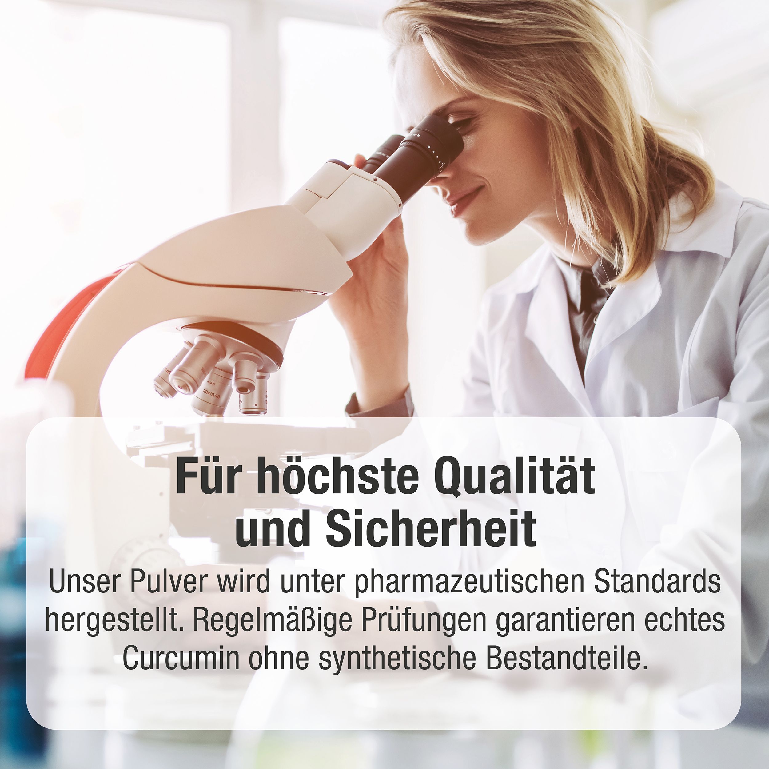 Femme en laboratoire avec microscope. Inscription : Pour la plus haute qualité et sécurité. Texte sur les normes pharmaceutiques.