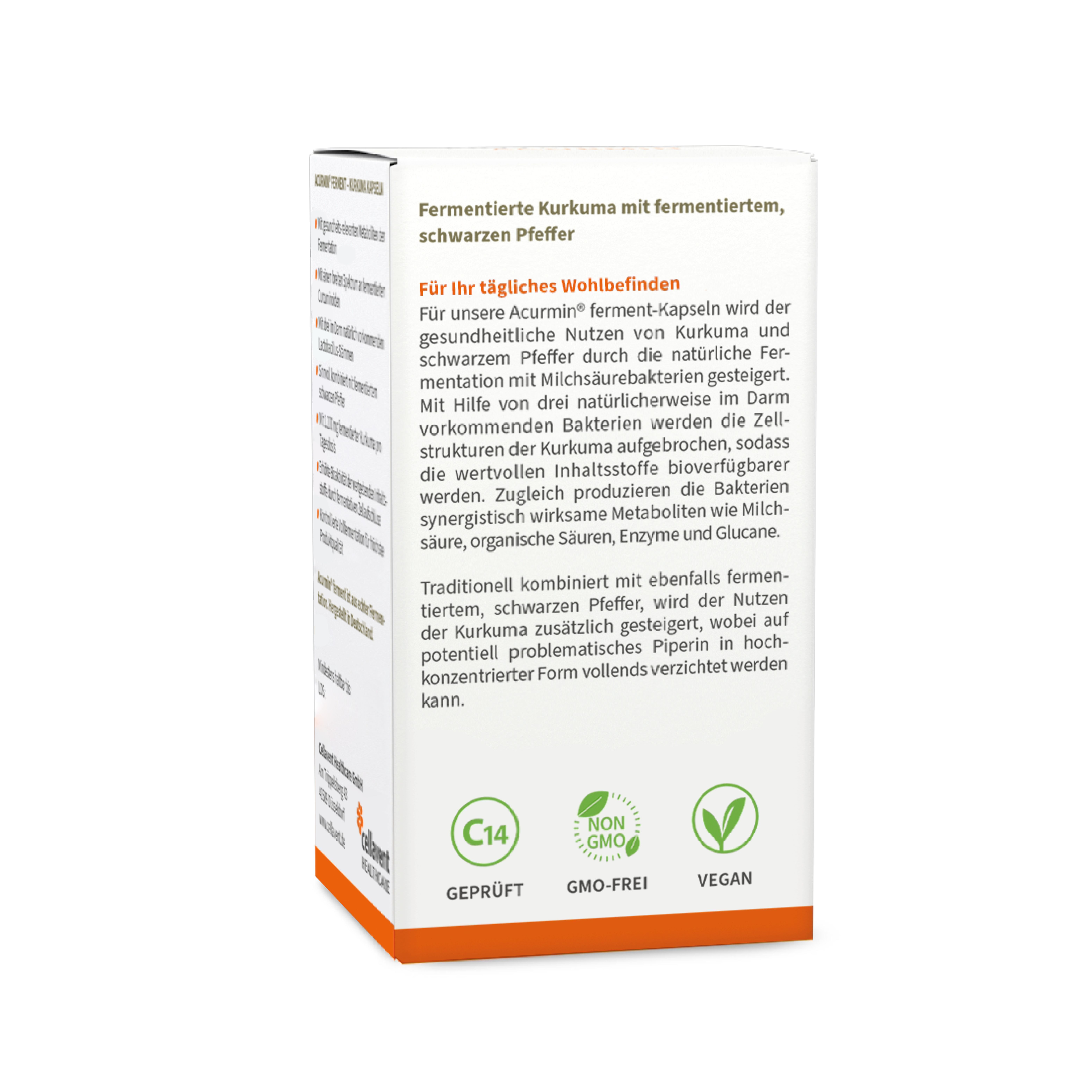 Dos de l'emballage du produit. Inscription : Curcuma fermenté avec poivre noir fermenté. Logos.