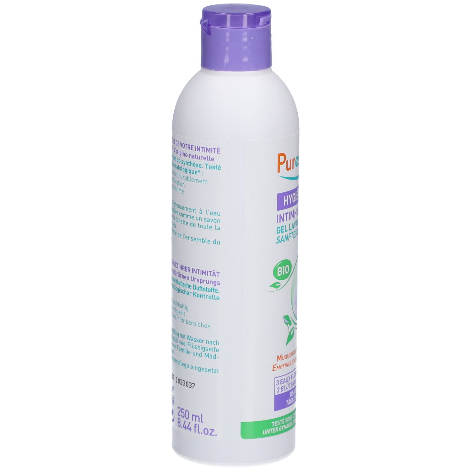 Flacon blanc, bouchon violet. Texte sur le côté. Inscription: 250 ml, 8.44 fl.oz.