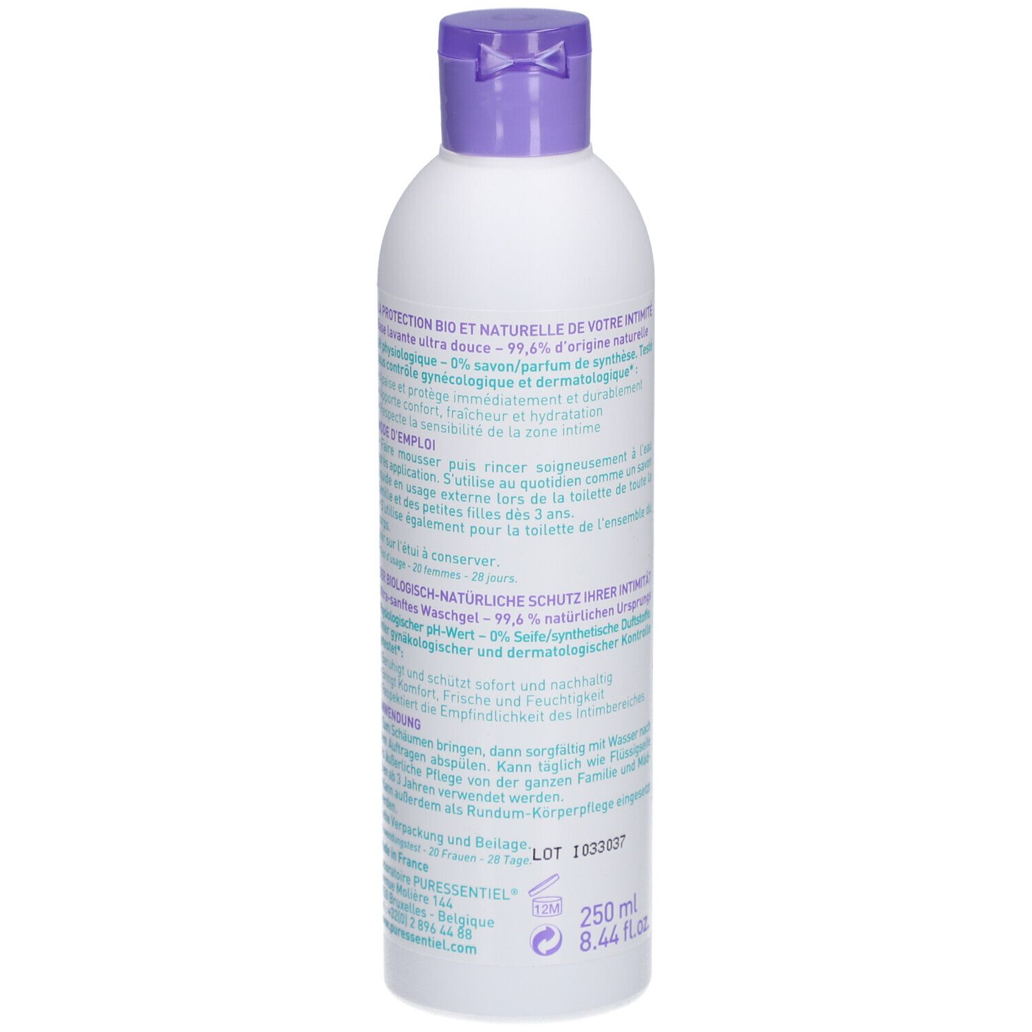 Flacon blanc, bouchon violet. Texte au dos. Inscription: 250 ml, 8.44 fl.oz.