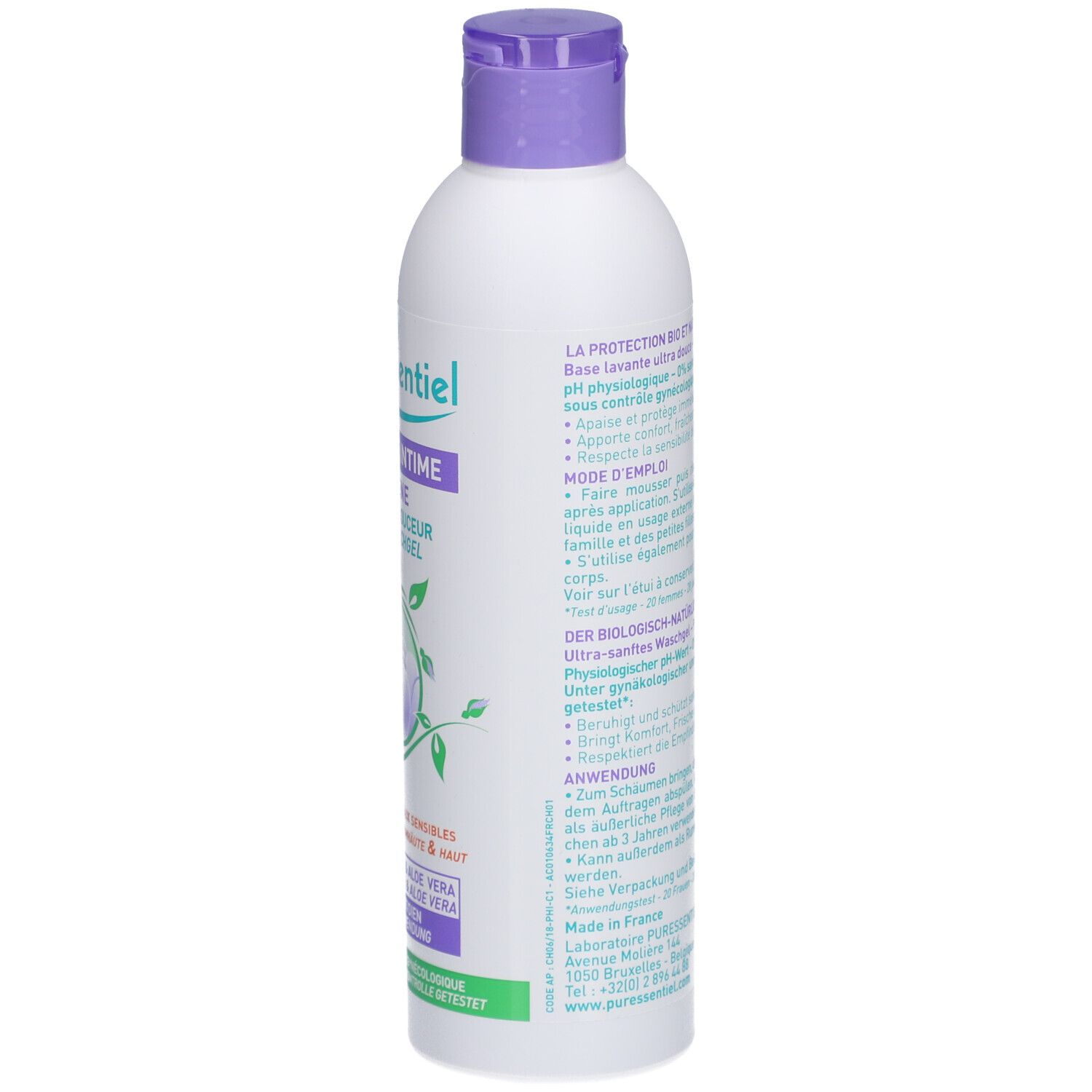 Flacon blanc, bouchon violet. Texte sur le côté. Inscription: Puressentiel, Hygiène intime.