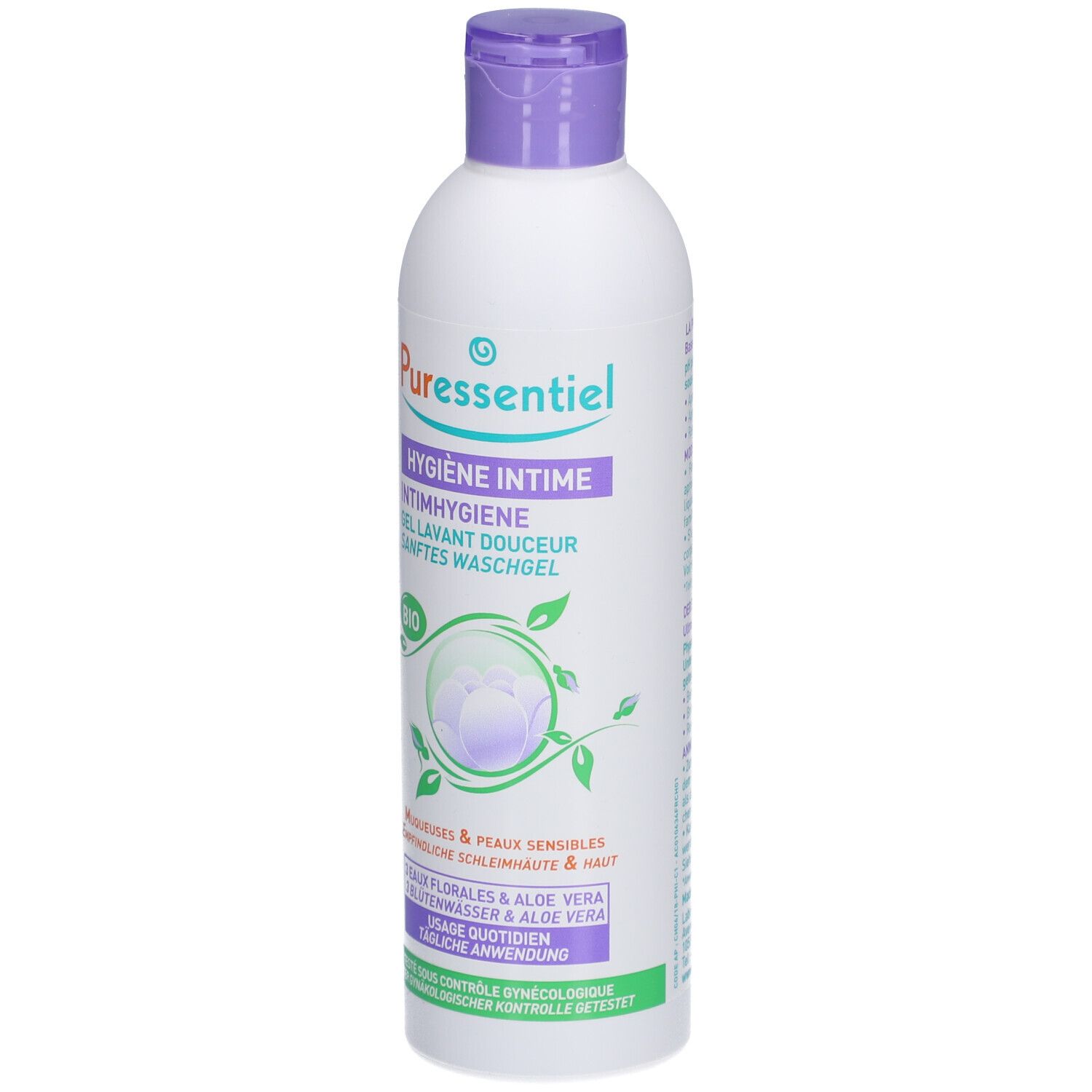 Flacon blanc, bouchon violet. Inscription: Puressentiel, Hygiène intime, gel lavant douceur. Logo vert et violet.