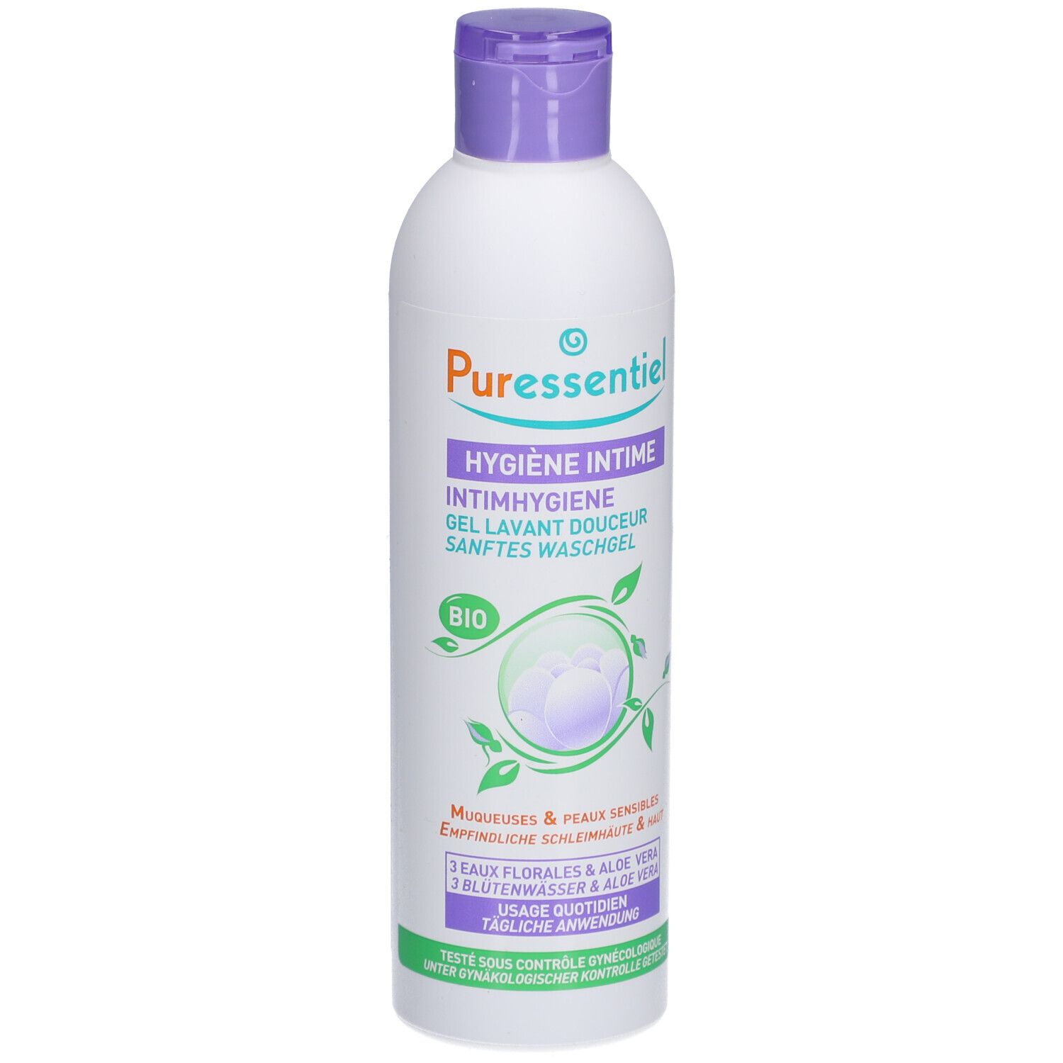 Flacon blanc, bouchon violet. Inscription: Puressentiel, Hygiène intime, gel lavant douceur. Logo vert et violet.