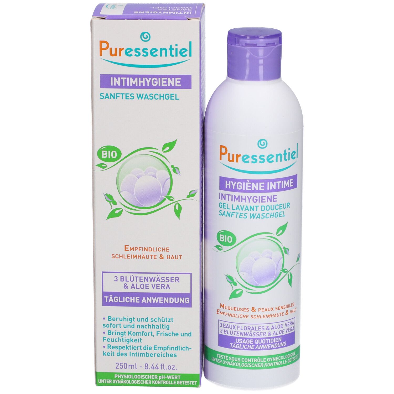Emballage et flacon. Inscription: Puressentiel, Hygiène intime, gel lavant douceur. 250ml.