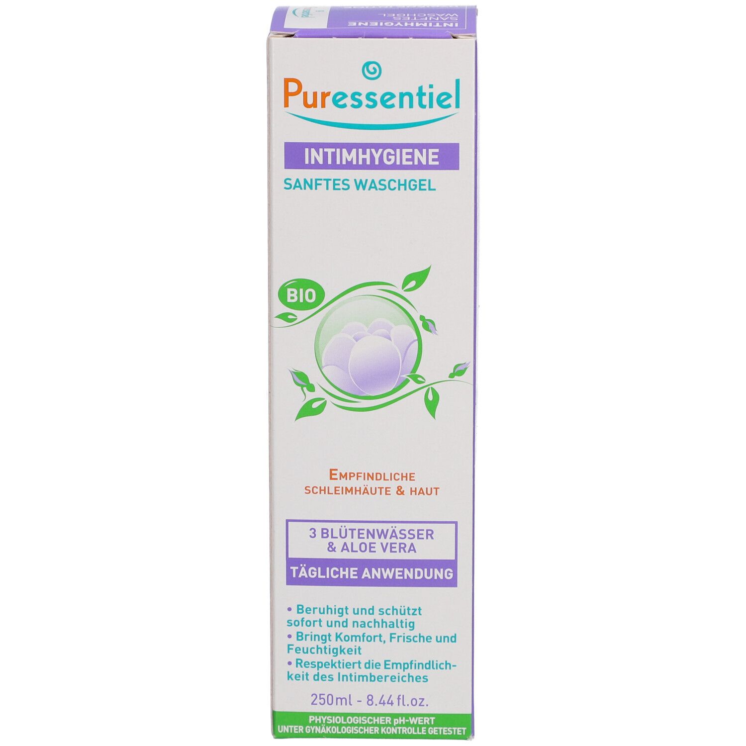 Emballage du produit. Inscription: Puressentiel, Hygiène intime, gel lavant douceur. 250ml.