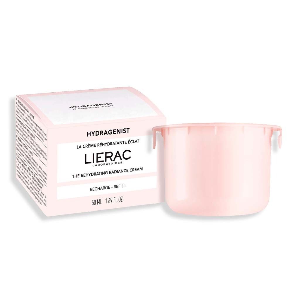 Rosa Creme-Nachfüllpackung neben einer weißen Schachtel. Text: Hydragenist, LIERAC.