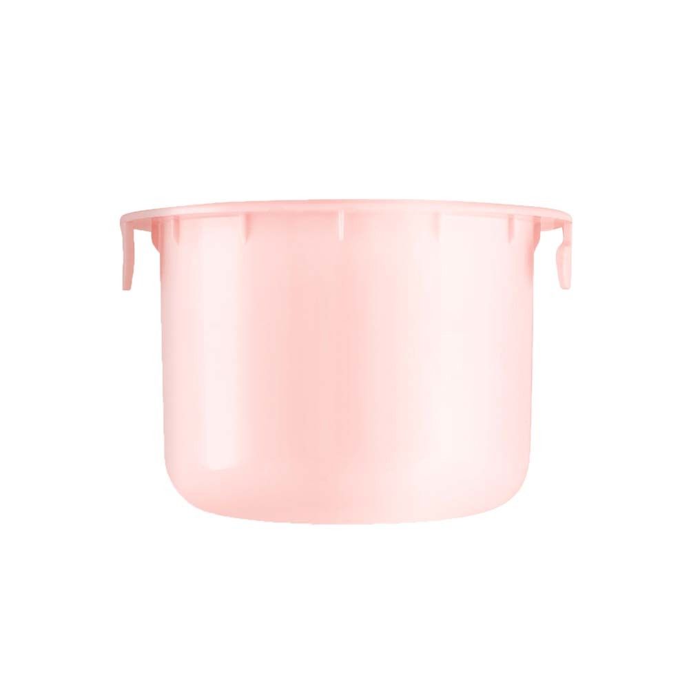 Rosa Refill-Behälter. Zylindrische Form mit zwei kleinen Laschen. Glatte Oberfläche.