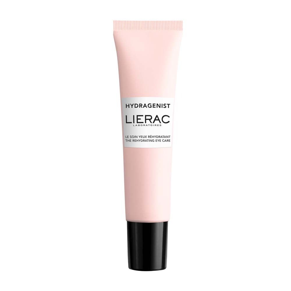 Rosa Tube mit schwarzem Deckel. Aufschrift: Hydragenist, LIERAC. Text: Le soin yeux réhydratant, The rehydrating eye care.