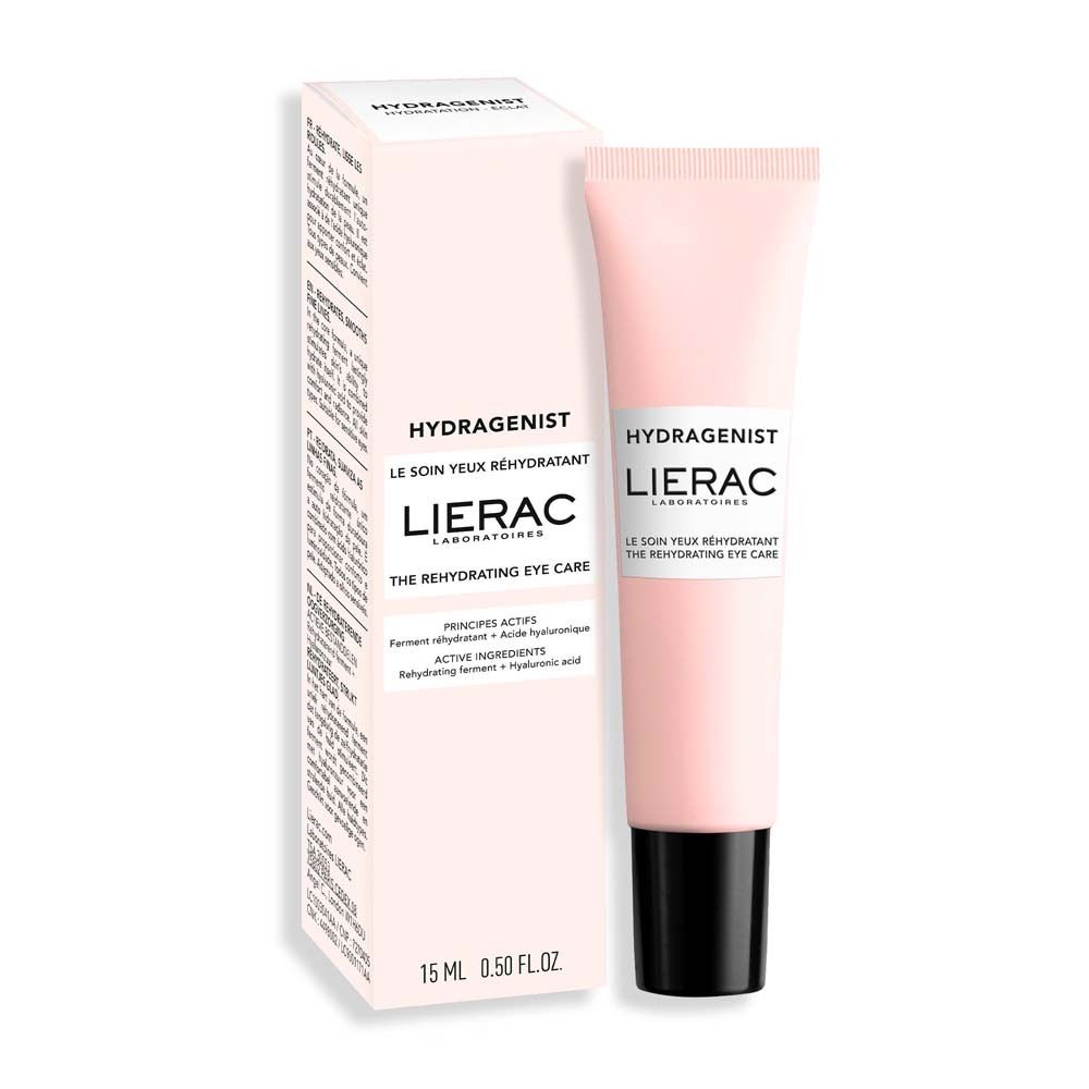 Rosa Tube und Verpackung. Aufschrift: Hydragenist, LIERAC. Text: Le soin yeux réhydratant, The rehydrating eye care. 15 ml 0.50 FL.OZ.