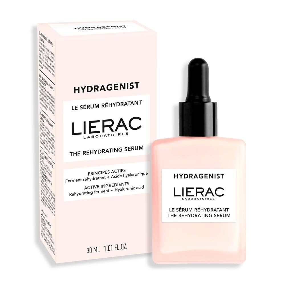 Rosa Schachtel und Flasche mit schwarzem Tropfer. Aufschrift "Hydragenist" und "LIERAC". Text: "Le Sérum Réhydratant".