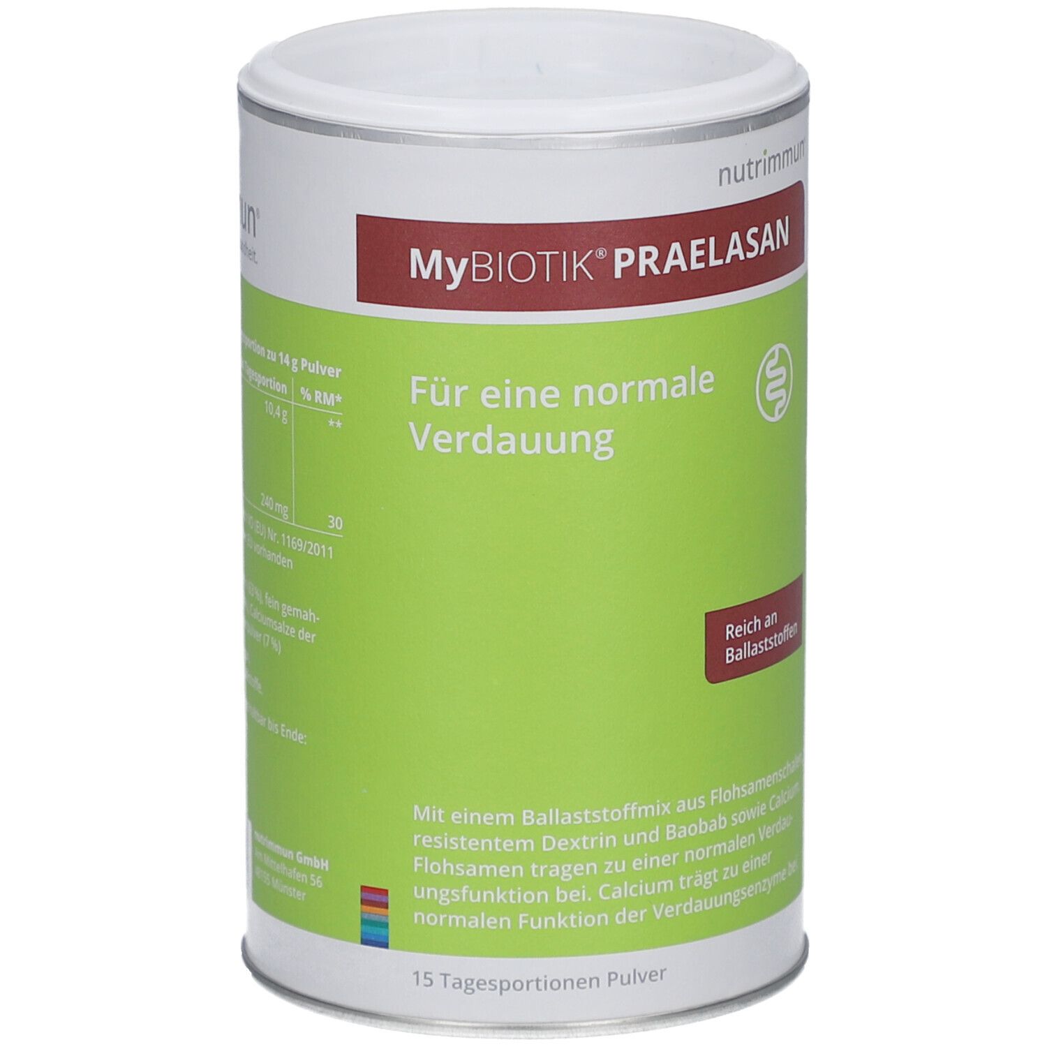 Zylindrische Dose mit weißem Deckel. Aufschrift: MyBiotik Praelasan, Für eine normale Verdauung. Grün-weißer Hintergrund. Reich an Ballaststoffen.