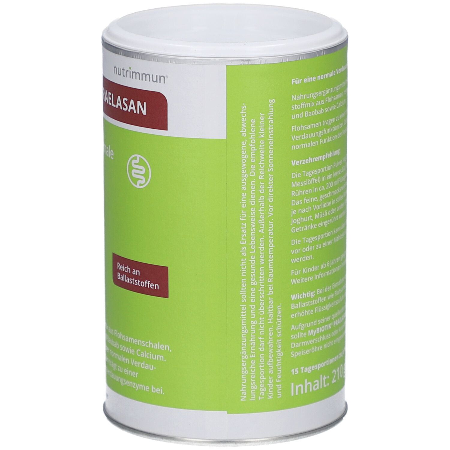 Zylindrische Dose mit weißem Deckel. Aufschrift: MyBiotik Praelasan. Rückseite mit Text und Nährwertangaben. Grün-weißer Hintergrund. 210 g Inhalt.