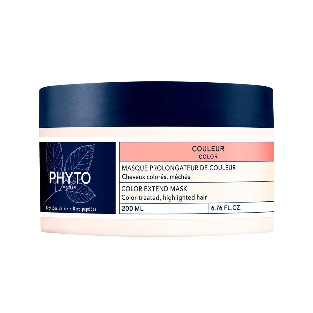Pot rond avec couvercle bleu. Inscription PHYTO PARIS et informations produit. 200 ml. Pour cheveux colorés.