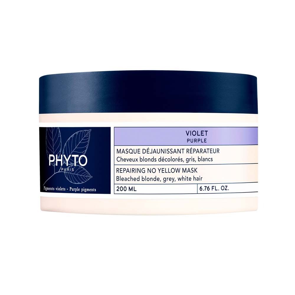Masque violet. Pot blanc avec couvercle bleu. Inscription : PHYTO PARIS, Masque Déjaunissant Réparateur, 200 ml.