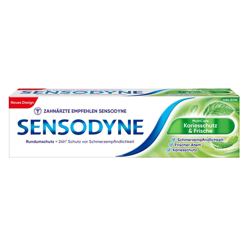 Tube de dentifrice Sensodyne MultiCare Kariesschutz & Frische. Blanc, bleu et vert. Texte.