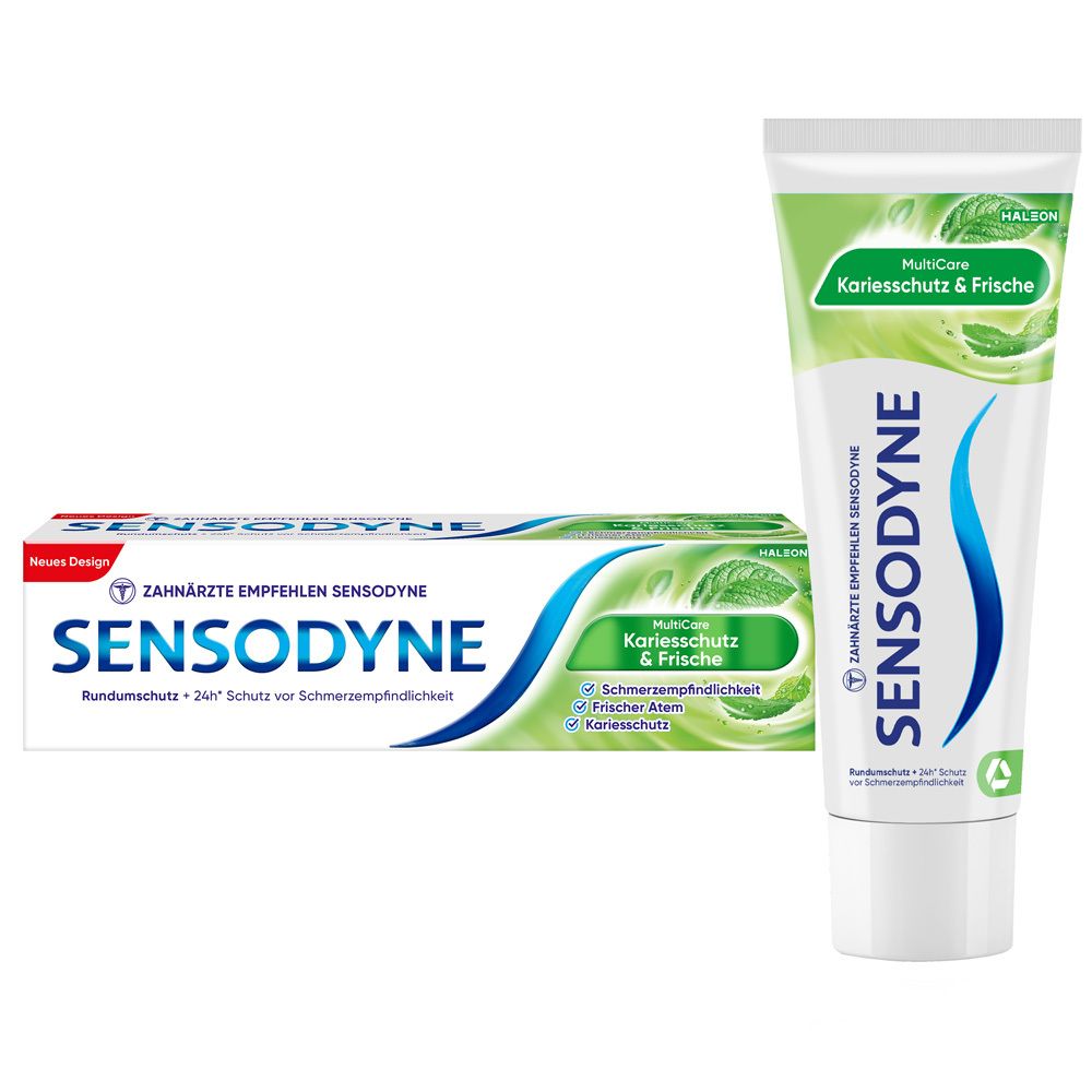 Tube et boîte de dentifrice Sensodyne MultiCare Kariesschutz & Frische. Blanc, bleu et vert. Texte.