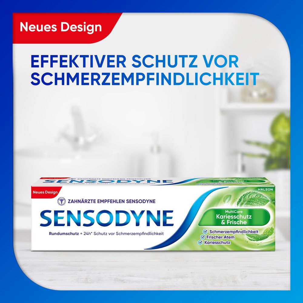 Tube de dentifrice Sensodyne MultiCare Kariesschutz & Frische. Blanc, bleu et vert. Texte sur fond bleu.