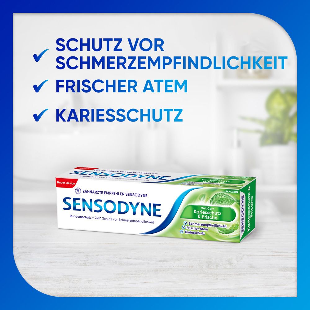 Tube de dentifrice Sensodyne MultiCare. Blanc, bleu et vert. Texte sur fond bleu. Symboles.