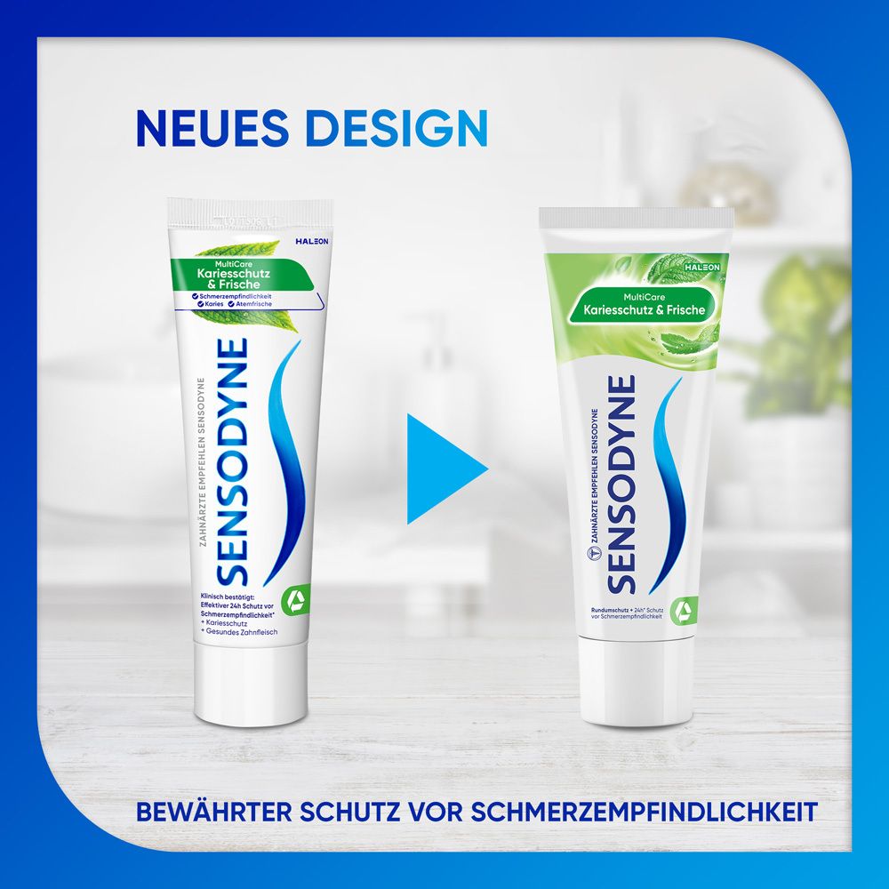 Tubes de dentifrice Sensodyne MultiCare. Comparaison de design. Texte.