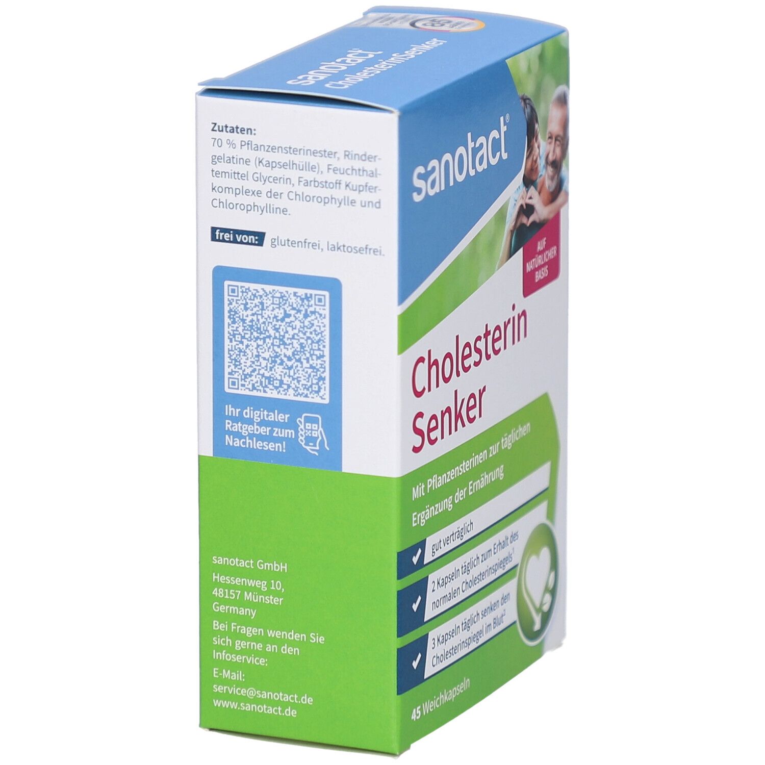 Vue latérale de l'emballage de sanotact® Cholesterin Senker. Couleurs bleu, blanc et vert. Code QR et informations produit.