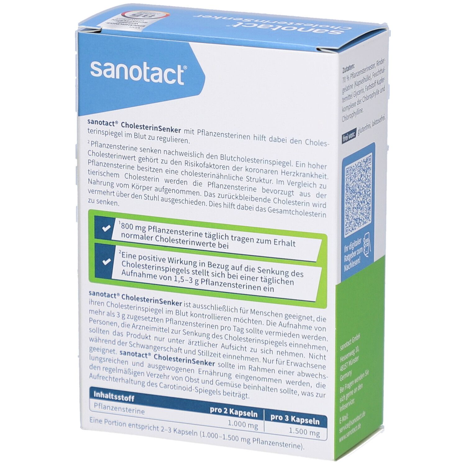 Dos de l'emballage de sanotact® Cholesterin Senker. Informations textuelles sur le produit et les ingrédients.