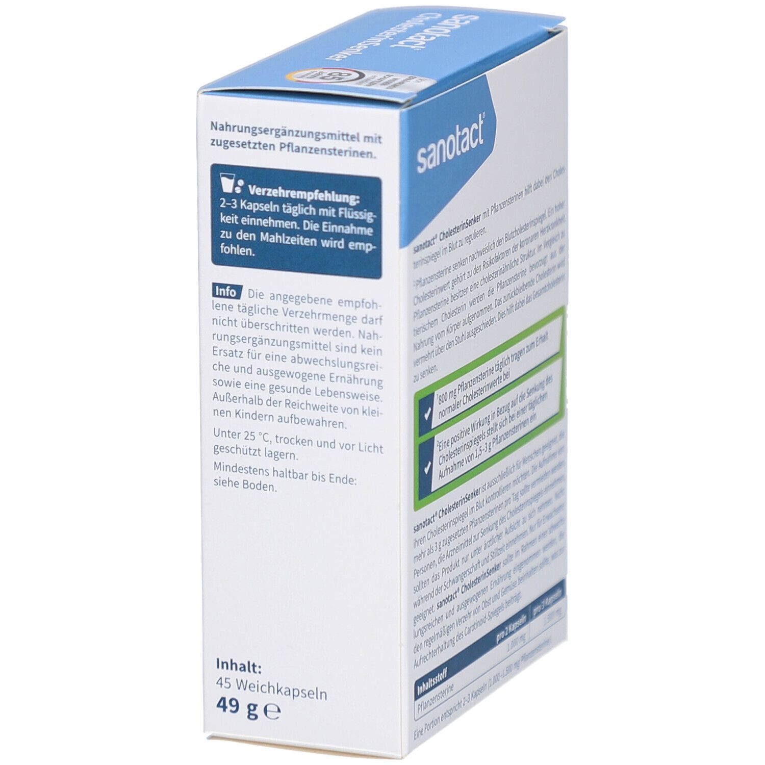 Emballage de sanotact® Cholesterin Senker. Informations sur la prise et les ingrédients. Contient 45 gélules.