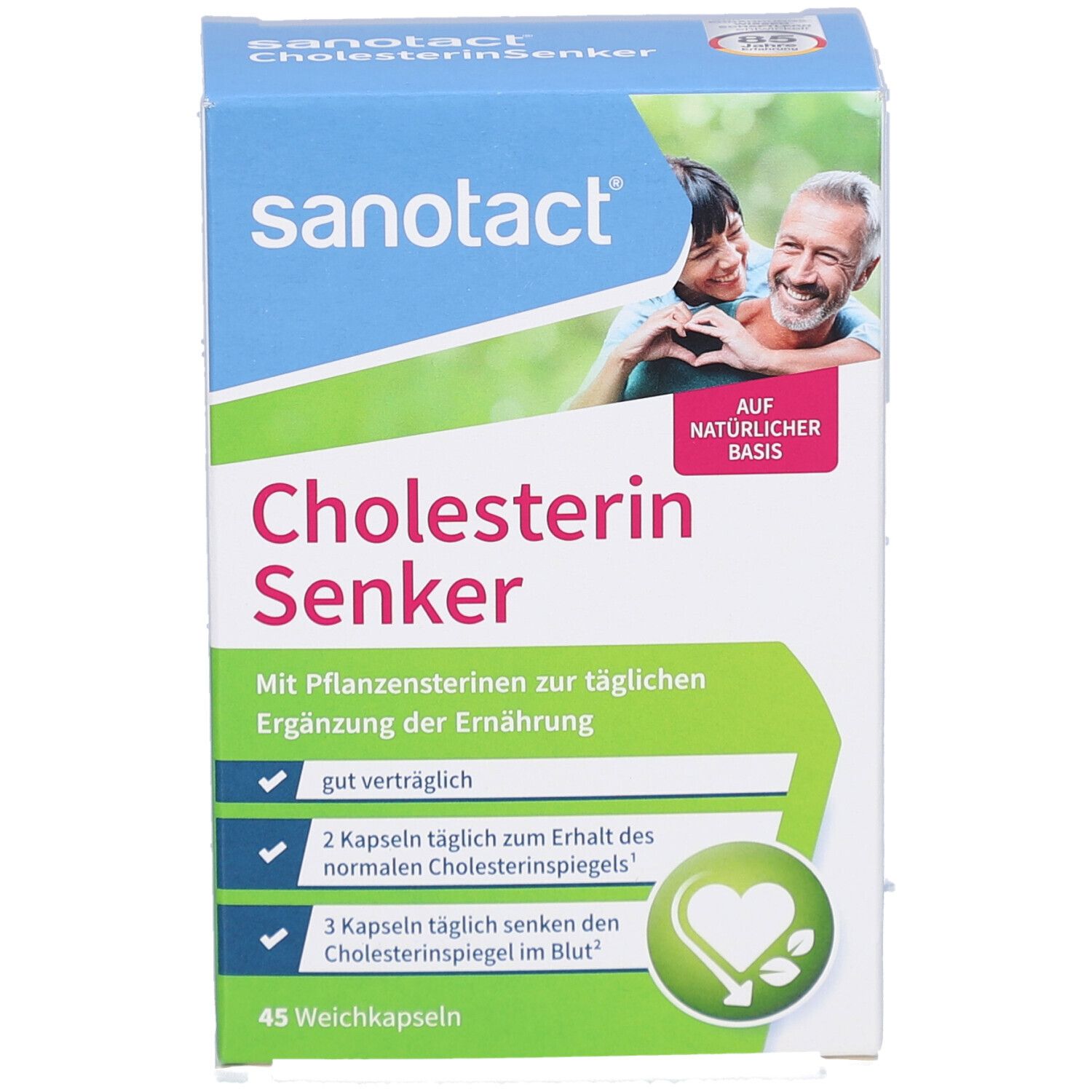 Vue de face de l'emballage de sanotact® Cholesterin Senker. Emballage bleu, blanc et vert. Contient 45 gélules.