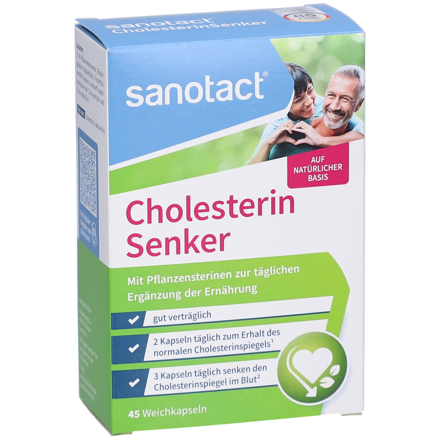 Vue de face de l'emballage de sanotact® Cholesterin Senker. Emballage bleu, blanc et vert. Contient 45 gélules.