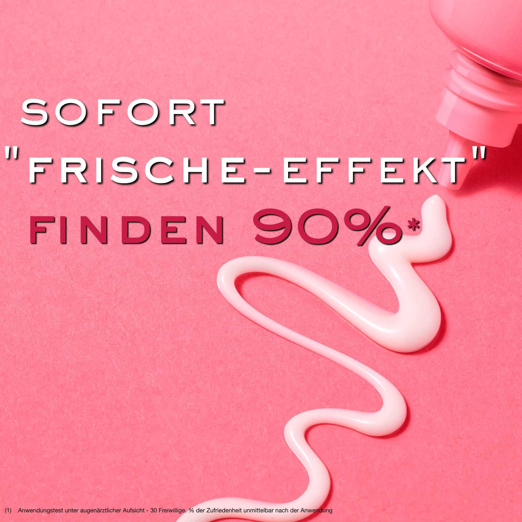 Rosa Hintergrund mit Text: SOFORT, Frische-Effekt, Finden 90%. Ausgepresste Creme.