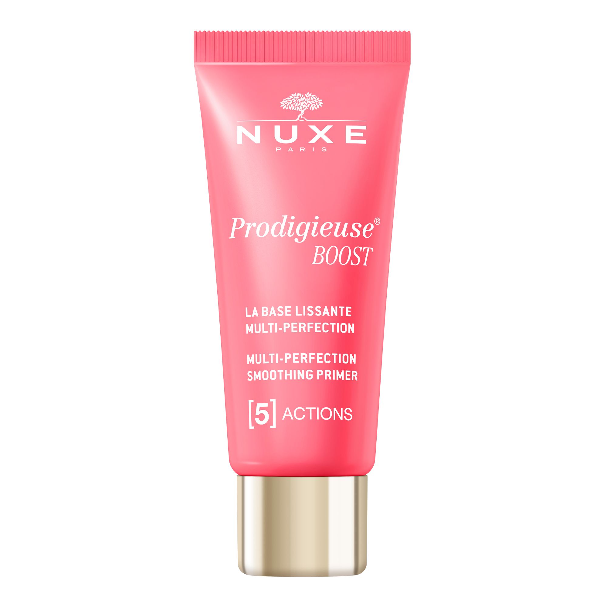 Rosa Tube mit goldener Kappe. Aufschrift: NUXE, Prodigieuse Boost, Smoothing Primer. Enthält 5 Wirkungen.