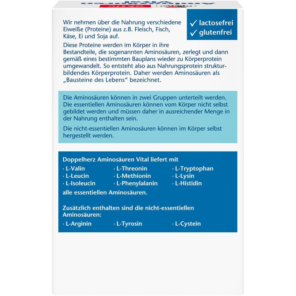 Rückseite der Doppelherz Aminosäuren Vital Packung. Text über Proteine und Aminosäuren. Enthält eine Liste der Aminosäuren.