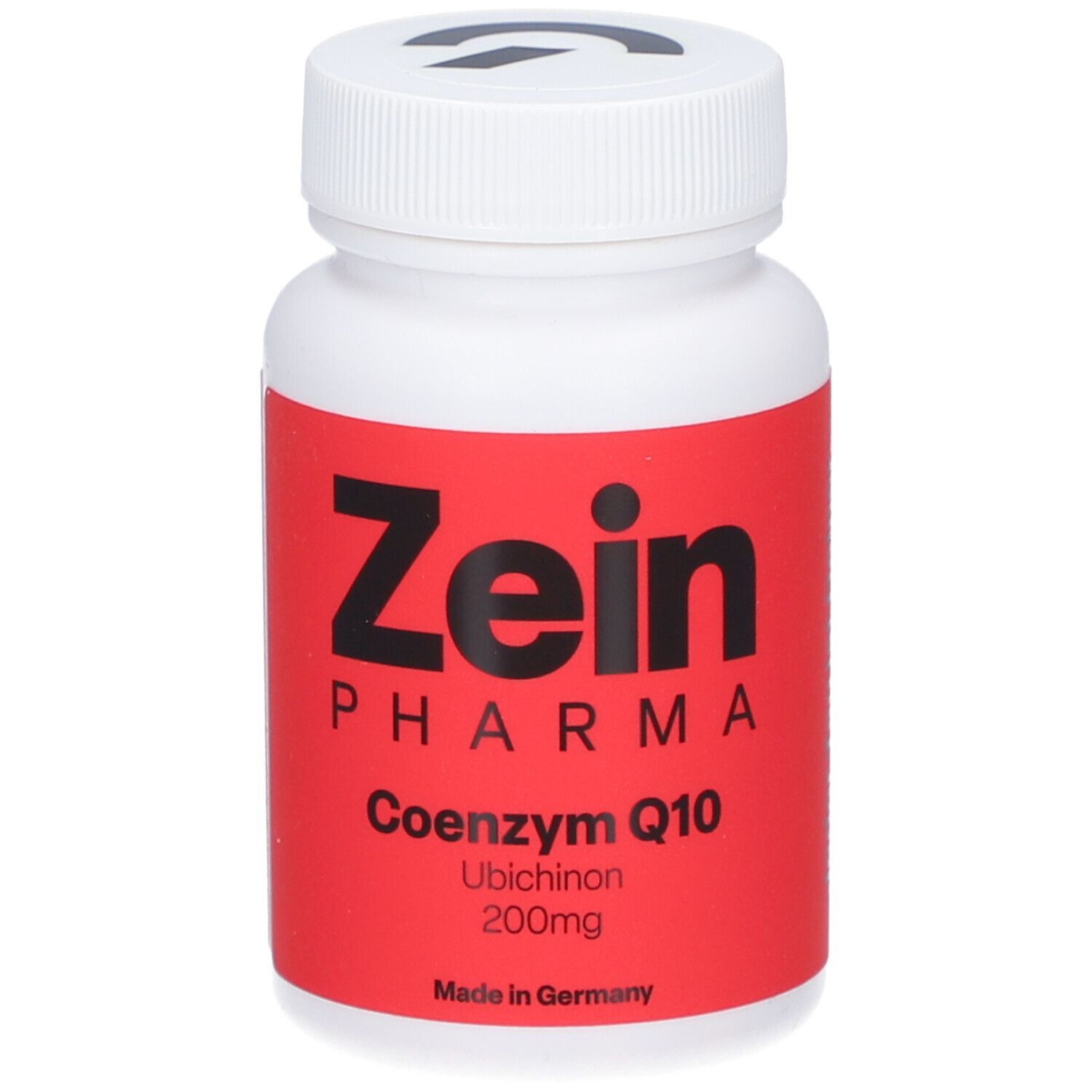 Weiße Flasche mit rotem Etikett. Aufschrift: Zein Pharma, Coenzym Q10, Ubichinon 200mg. Deckel mit Logo.