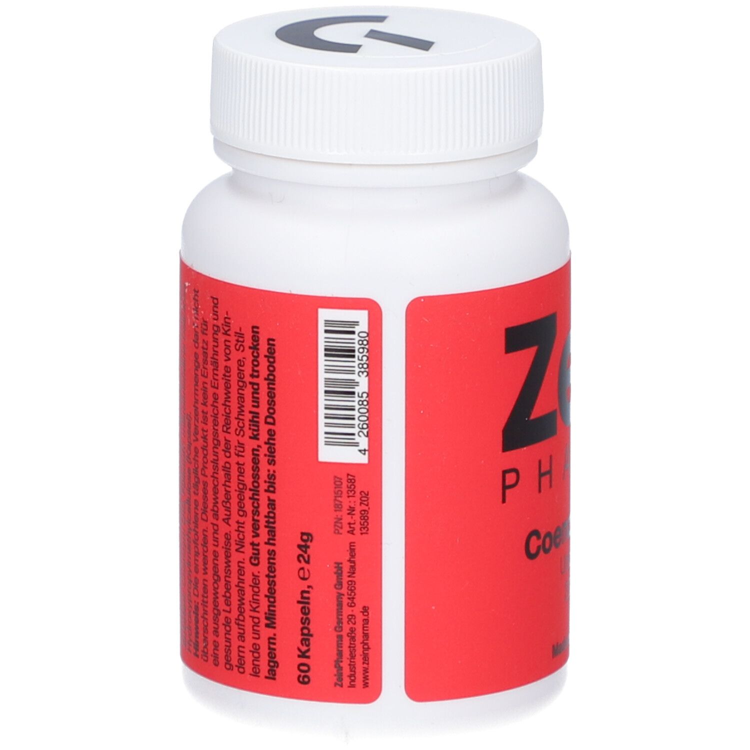 Weiße Flasche mit rotem Etikett. Aufschrift: Zein Pharma, Coenzym Q10. Rückseite mit Text und Barcode. 60 Kapseln.