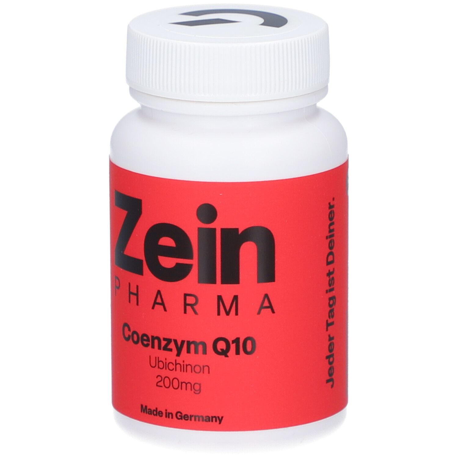 Weiße Flasche mit rotem Etikett. Aufschrift: Zein Pharma, Coenzym Q10, Ubichinon 200mg. Slogan: Jeder Tag ist Deiner.