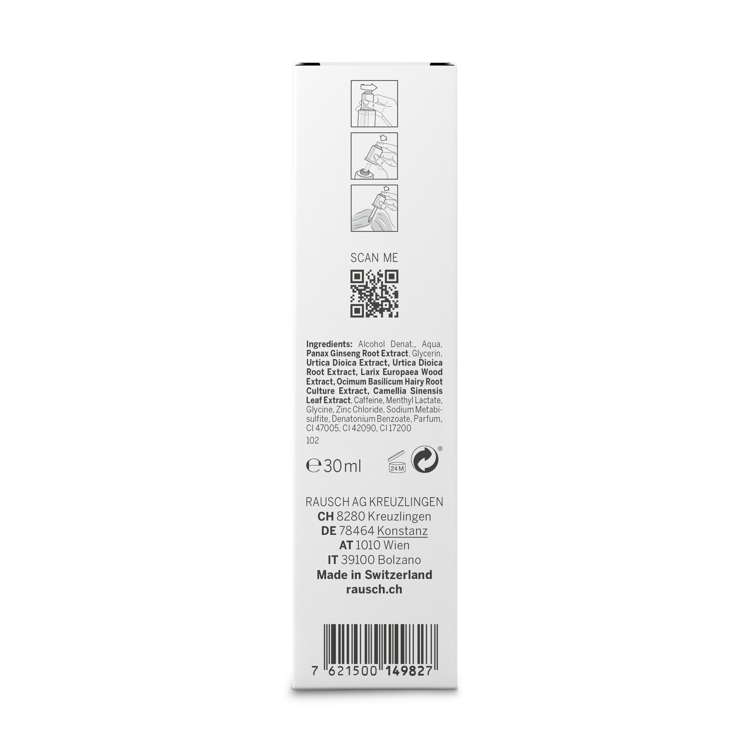 Verpackung mit 30ml Inhalt, Inhaltsstoffliste und Barcode. Made in Switzerland.