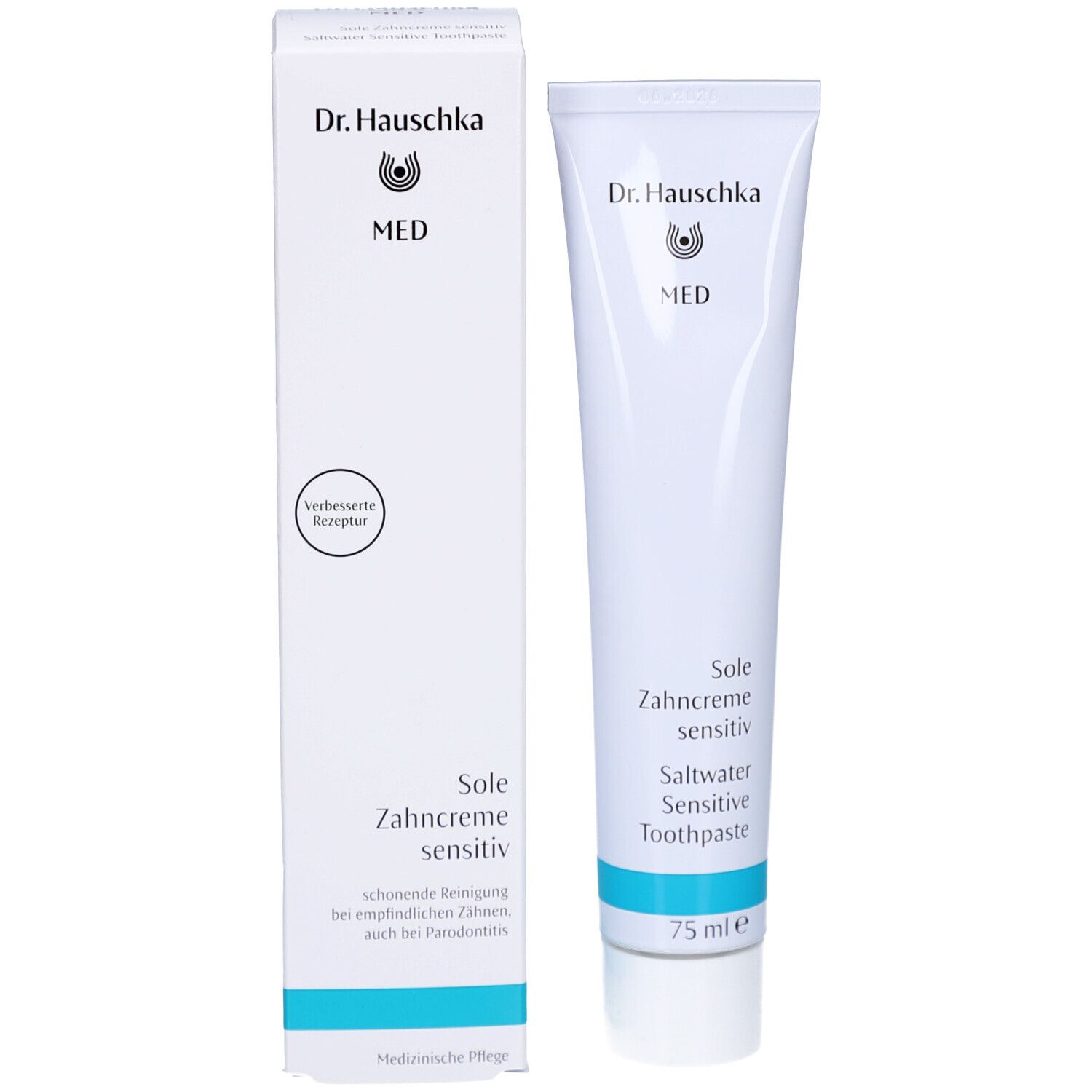 Tube de dentifrice et boîte. Inscription: Dr. Hauschka MED, Sole Zahncreme sensitiv, 75 ml. Boîte avec texte.