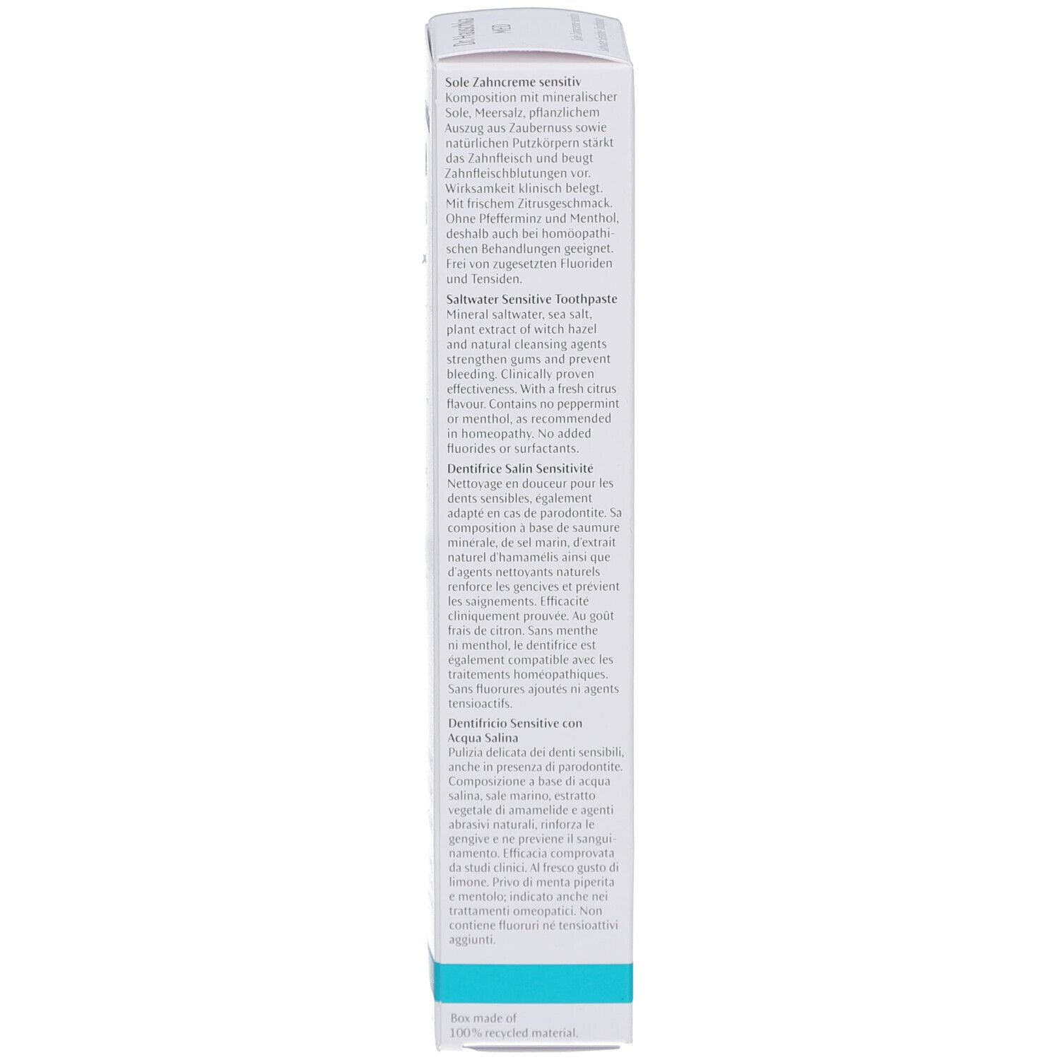 Dos de la boîte. Texte en allemand, anglais, français et italien. Contient des informations sur le produit.