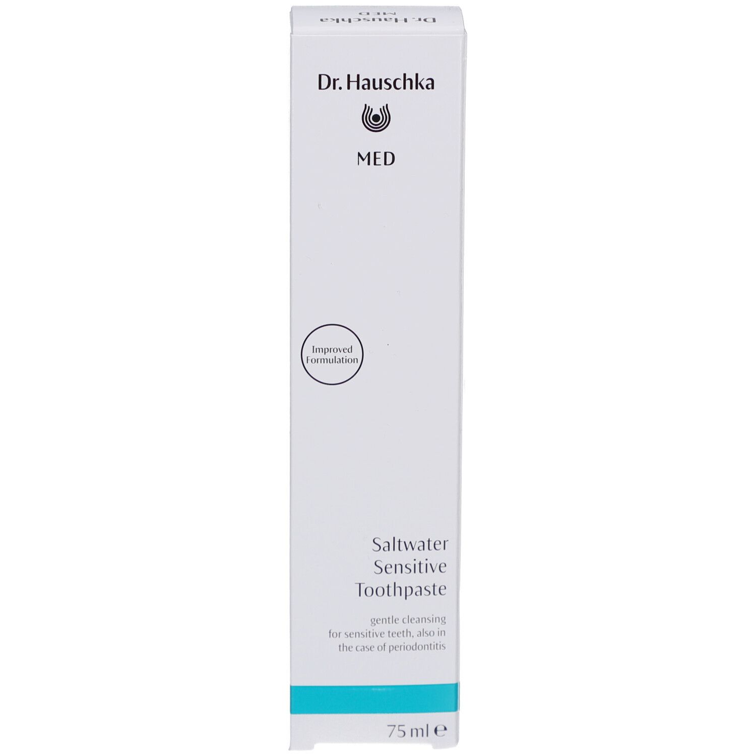 Boîte avec texte. Inscription: Dr. Hauschka MED, Saltwater Sensitive Toothpaste, 75 ml. Contient des informations.