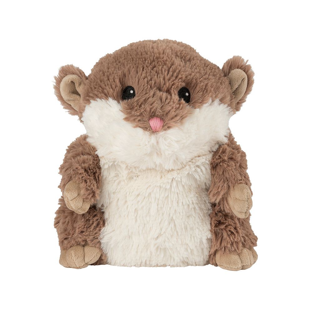 Hamster en peluche, marron et beige. Grandes oreilles, yeux noirs, nez rose. Matière douce, position assise.
