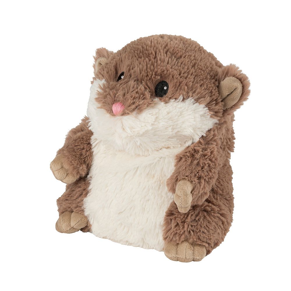 Hamster en peluche marron et beige. Vue de côté. Grandes oreilles, yeux noirs, nez rose. Matière douce.