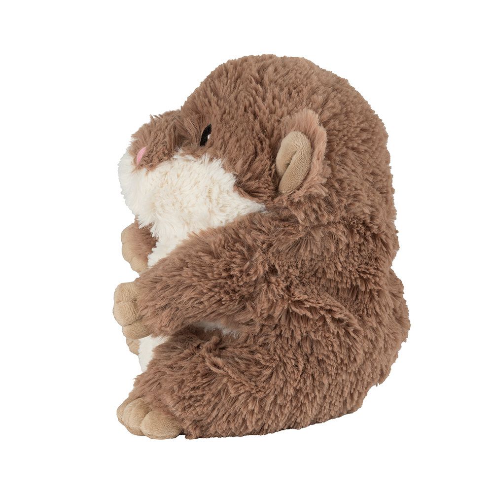 Hamster en peluche, marron et beige. Vue latérale. Grandes oreilles, yeux noirs, nez rose. Matière douce.