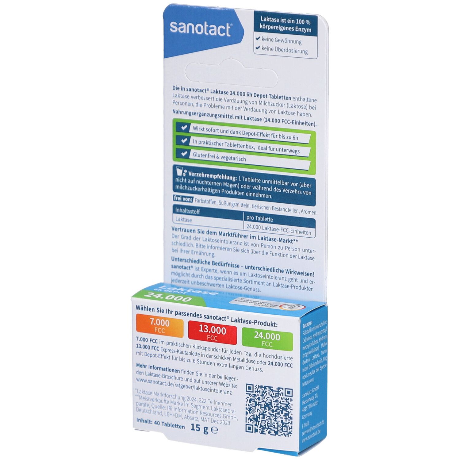 Dos de la boîte de comprimés Sanotact Laktase 6h DEPOT 24.000. Contient des informations sur les ingrédients et le dosage.