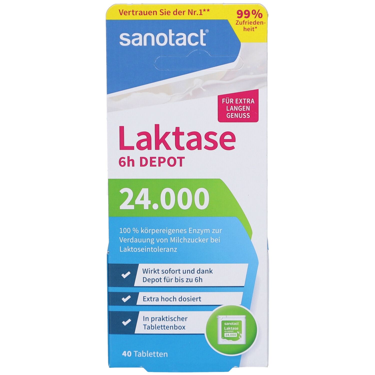 Boîte de comprimés Sanotact Laktase 6h DEPOT 24.000. Contient 40 comprimés. Inscription : 100% enzyme propre au corps pour la digestion du lactose.
