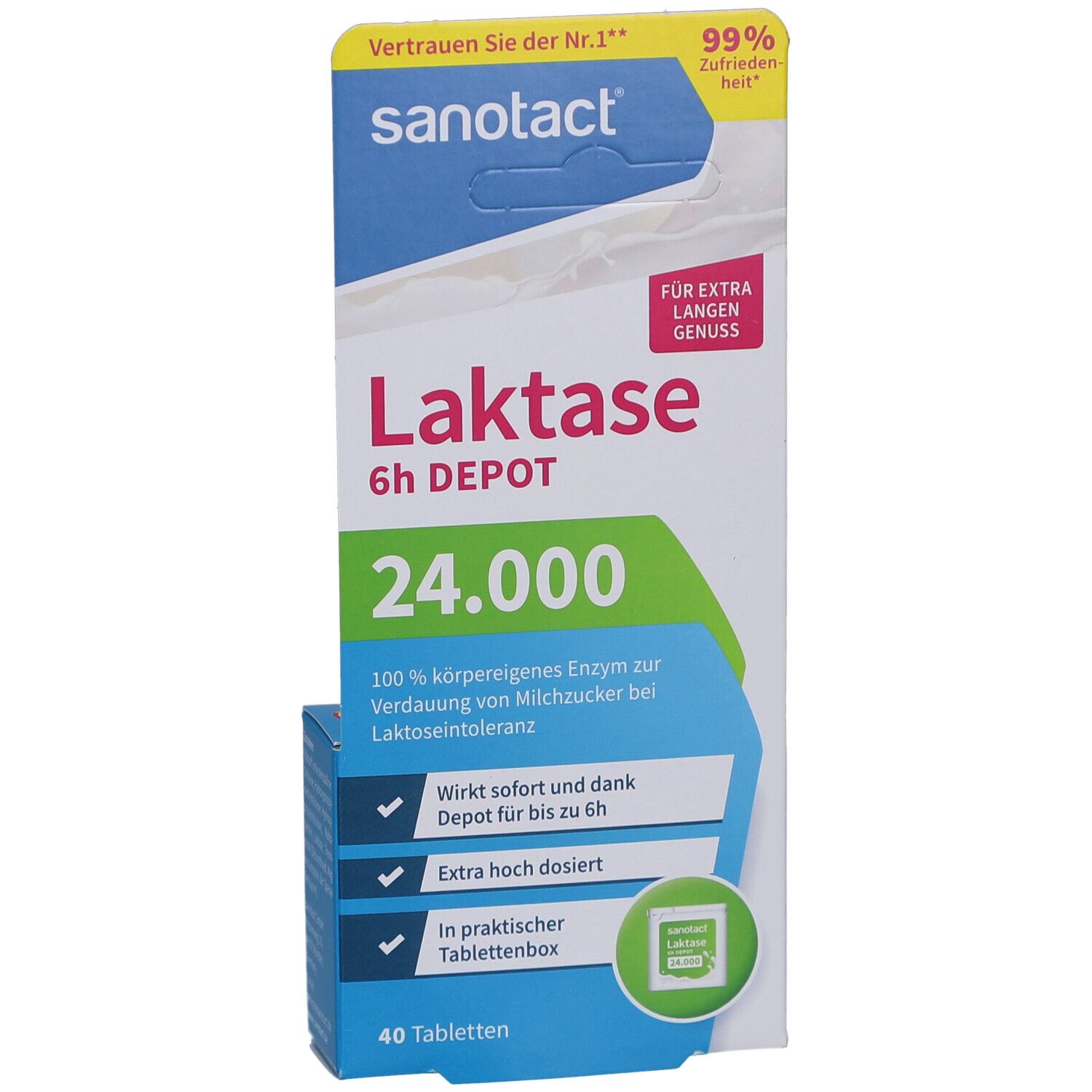 Boîte de comprimés Sanotact Laktase 6h DEPOT 24.000. Contient 40 comprimés. Inscription : 100% enzyme propre au corps pour la digestion du lactose.