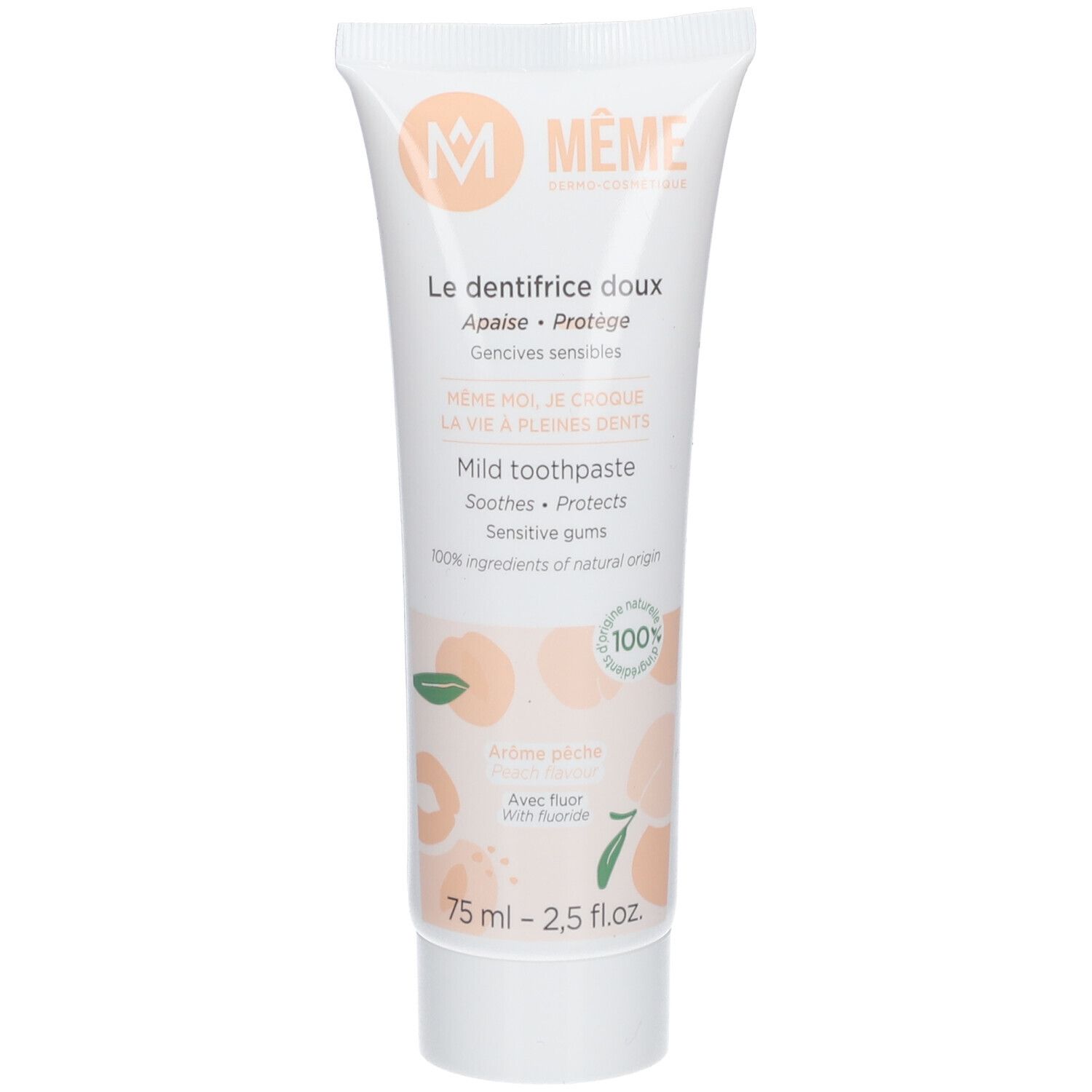Zahncreme-Tube, weiß, mit Pfirsich-Motiv und Text. Logo: MÊME. Text: Le dentifrice doux, Mild toothpaste, 75 ml.