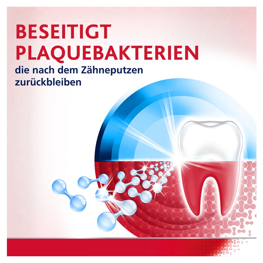 Dent avec gencive rouge. Éléments bleus et blancs. Texte : Élimine les bactéries de la plaque dentaire qui restent après le brossage.