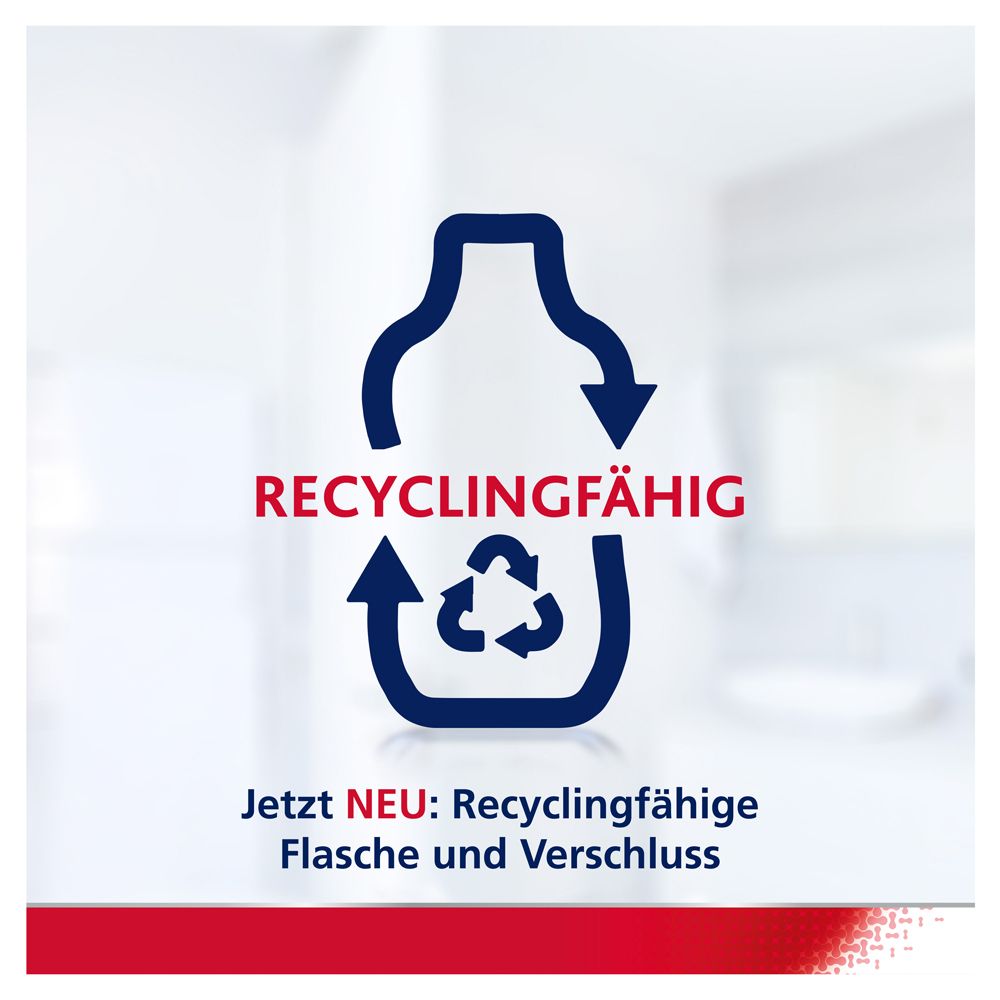 Bouteille recyclable avec symbole de recyclage. Texte : Maintenant NOUVEAU : Bouteille et bouchon recyclables.
