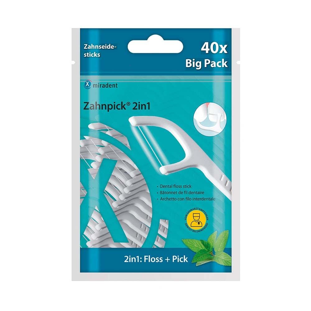 Verpackung mit weißen Zahnpick® 2in1. Enthält 40 Stück. Aufschrift: Zahnpick® 2in1: Floss + Pick.