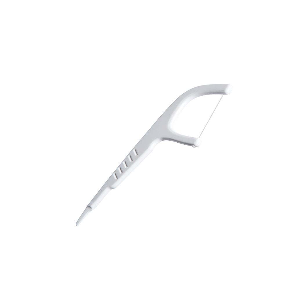 Weißer Zahnpick® 2in1. Ein Ende ist ein Zahnstocher, das andere ein Faden.