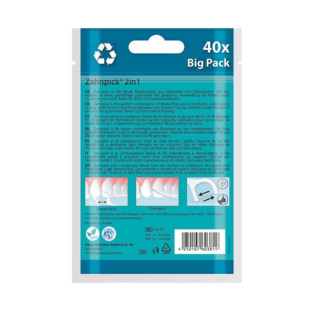 Rückseite der Verpackung mit Informationen zu Zahnpick® 2in1. Enthält Anweisungen und Abbildungen.